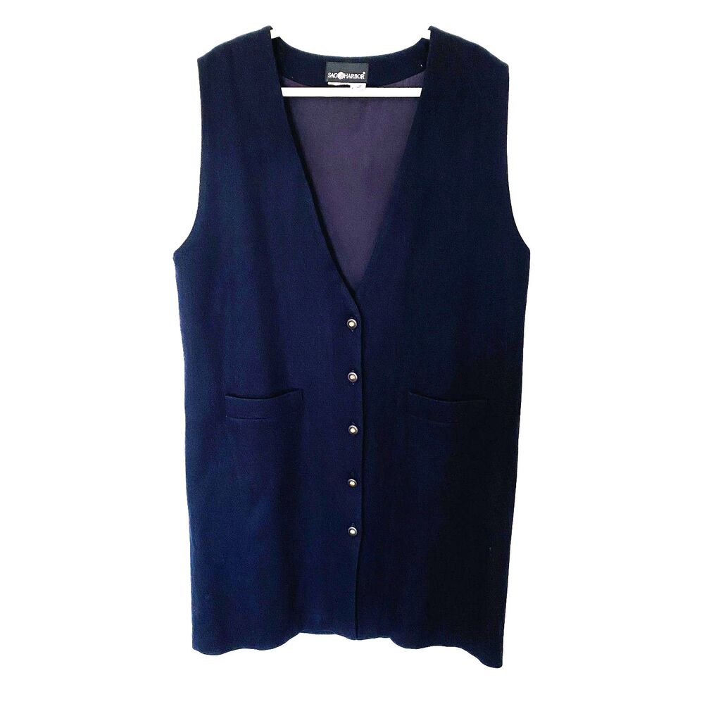 VTG Sag Harbor Navy Blue Wool Jumper Dress Duster Vest Sleeveless No Sz Tag